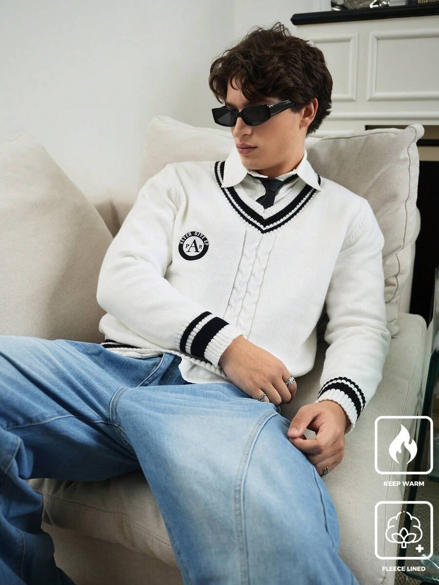 Manfinity EZcore 男士休闲学院风条纹边饰长袖毛衣，秋冬款 - 白色 - 查看 1