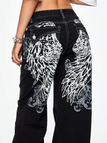 ROMWE Grunge Punk Women's Halloween Cross & Vine Wing Print Wide Leg Boy Friend Jeans
