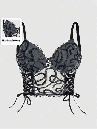 ROMWE Goth Sexy Snake Embroidery Transparent Hollow Out Lace & Mesh Women's Camisole Top With Straps For Summer Graphic Tees Women Tops