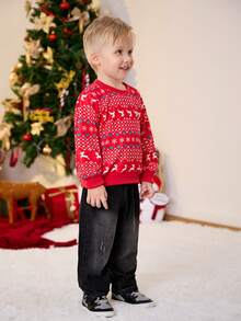 2pcs Set Boys Christmas Holiday Graphic Print Sweatshirt And Washed Vintage Denim Pants,Fashion Autumn Outfit,Family Matching Stylish Clothes Set - Red - View 3