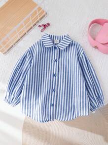 SHEIN LMoss Kids LMoss 10 件秋季和 5 件冬季少女编织条纹翻领宽松休闲衬衫，蓝色和白色