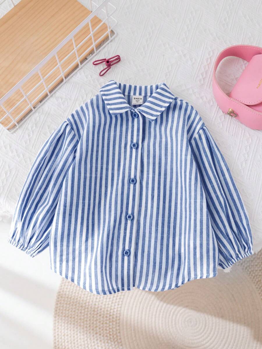 SHEIN LMoss Kids LMoss 10 件秋季和 5 件冬季少女编织条纹翻领宽松休闲衬衫，蓝色和白色