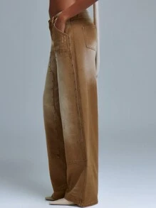 MUSERA Acid Wash Straight Leg Studded Panel Jeans Spring 90's Cute Summer Festival Native Renaissance Concert - Brown - View 3
