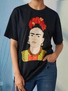 Frida Kahlo X SHEIN Áo thun nữ tay ngắn họa tiết mùa hè đơn giản - màu đen - Xem 1