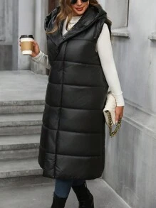 SHEIN LUNE 加大码无袖连帽加厚棉服外套，适合冬季服装 - 黑色 - 查看 6