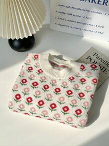 SHEIN Unity 女士休闲圆领花卉针织毛衣，秋冬 - 米色 - 查看 7