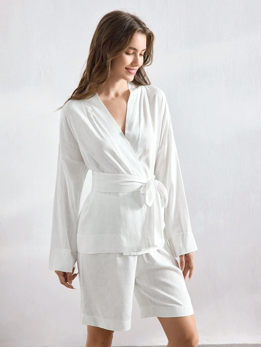 Ocili 女士纯色抽绳长袖休闲衬衫和短裤家居服套装 - 白色 - 查看 1