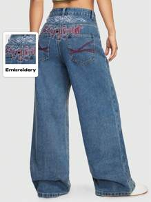 ROMWE Street Life Quần Jeans Nữ Dáng Thẳng Đơn Giản Màu Trơn Thêu Chữ Vine Phong Cách Đường Phố - Màu xanh lam - Xem 7