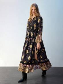 Maija Vintage Print Ruffled Hem Pleated Long Dress, Suitable For Spring/Summer Resort, Beach Festival