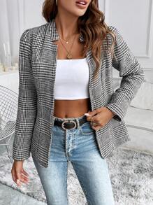 SHEIN LUNE Women's Classic Houndstooth Pattern Long Sleeve Open Front Casual Retro Jacket, Spring/Autumn Fall Cloth For Women