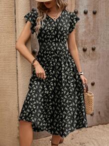 Breezaya Robe élégante et décontractée à col en V, manches courtes, imprimé floral épars pour femmes - Noir - Voir 5