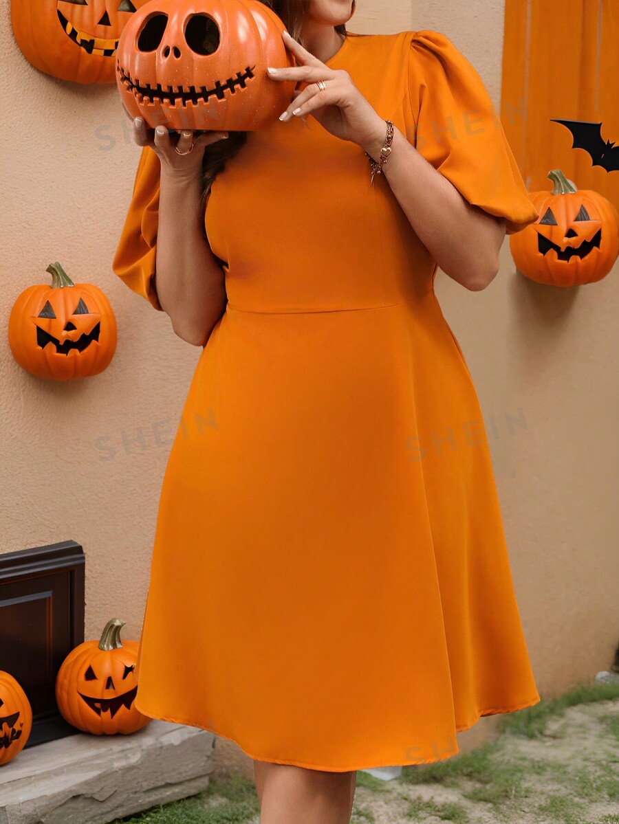 SHEIN Clasi Plus Size Solid Color Puff Sleeve Midi Dress For Halloween