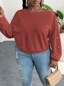 Slaydiva Sudadera con capucha con cuello asimétrico y botones de talla grande, elegante y casual, en color blanco sólido, para mujeres, otoño e invierno
