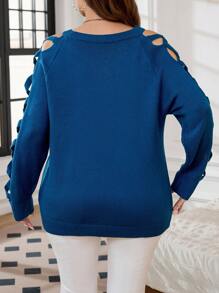 SHEIN LUNE Áo len chui đầu tay raglan khoét lỗ, màu trơn, cỡ lớn, dành cho mùa thu đông. - Màu xanh lam - Xem 2