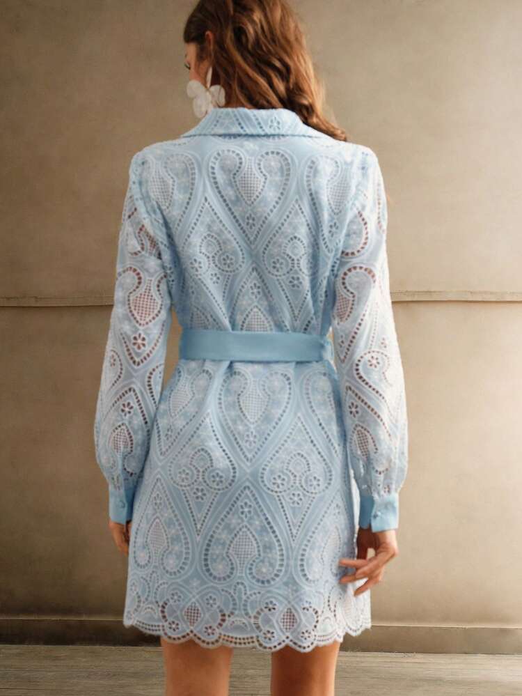 Lantern Sleeve Collared Lace Hollow Out Waisted Elegant Dress