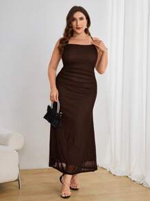 SHEIN Privé Đầm Maxi Xếp Ly Thanh Lịch Cỡ Lớn - màu nâu - Xem 5