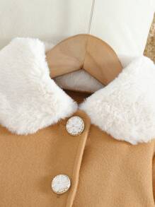 SHEIN Baby Girls' Cozy Fluffy Hooded Long Coat, Suitable For Outings In Autumn And Winter - Brown - View 3