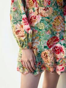 Maija V-Neck Floral Print Elegant Long Sleeve Spring/Summer Casual Mini Dress, Suitable For Vacation & Beach