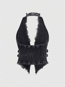 ROMWE Hippie Women Metal Decor Fringed Cami Top Backless Casual Denim Shirt - Grey - View 2