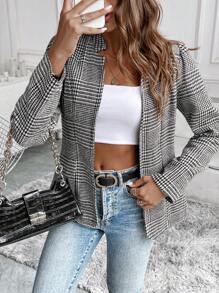 SHEIN LUNE Women's Classic Houndstooth Pattern Long Sleeve Open Front Casual Retro Jacket, Spring/Autumn Fall Cloth For Women