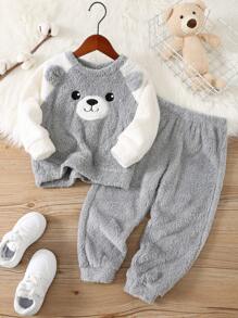 SHEIN Bộ đồ ngủ 2 món cho bé trai dễ thương cổ tròn tay dài thêu họa tiết hoạt hình màu tương phản, chất liệu nỉ mềm mại, dành cho mùa thu đông - Nhiều màu - Xem 1