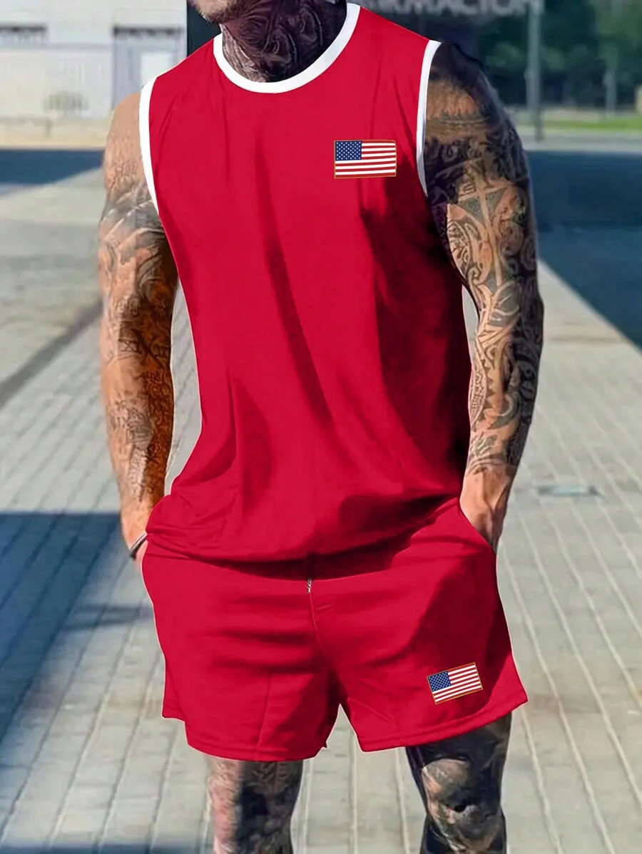 Manfinity Dauomo Men's Casual USA Flag Printed Top And Shorts Set, Summer - Red - View 1