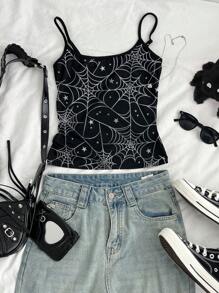 Skyy Designs Co SHEIN EZwear 艺术家蜘蛛蜘蛛网万圣节垃圾哥特朋克女士夏季休闲性感拉起背心 - 白色 - 查看 5