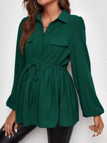 SHEIN Maternity Solid Color Button Down Drawstring Casual Long Sleeve Shirt