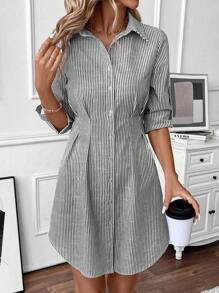 SHEIN LUNE Women's Casual Blue & White Striped Roll-Up Sleeve Button Front Shirt Dress