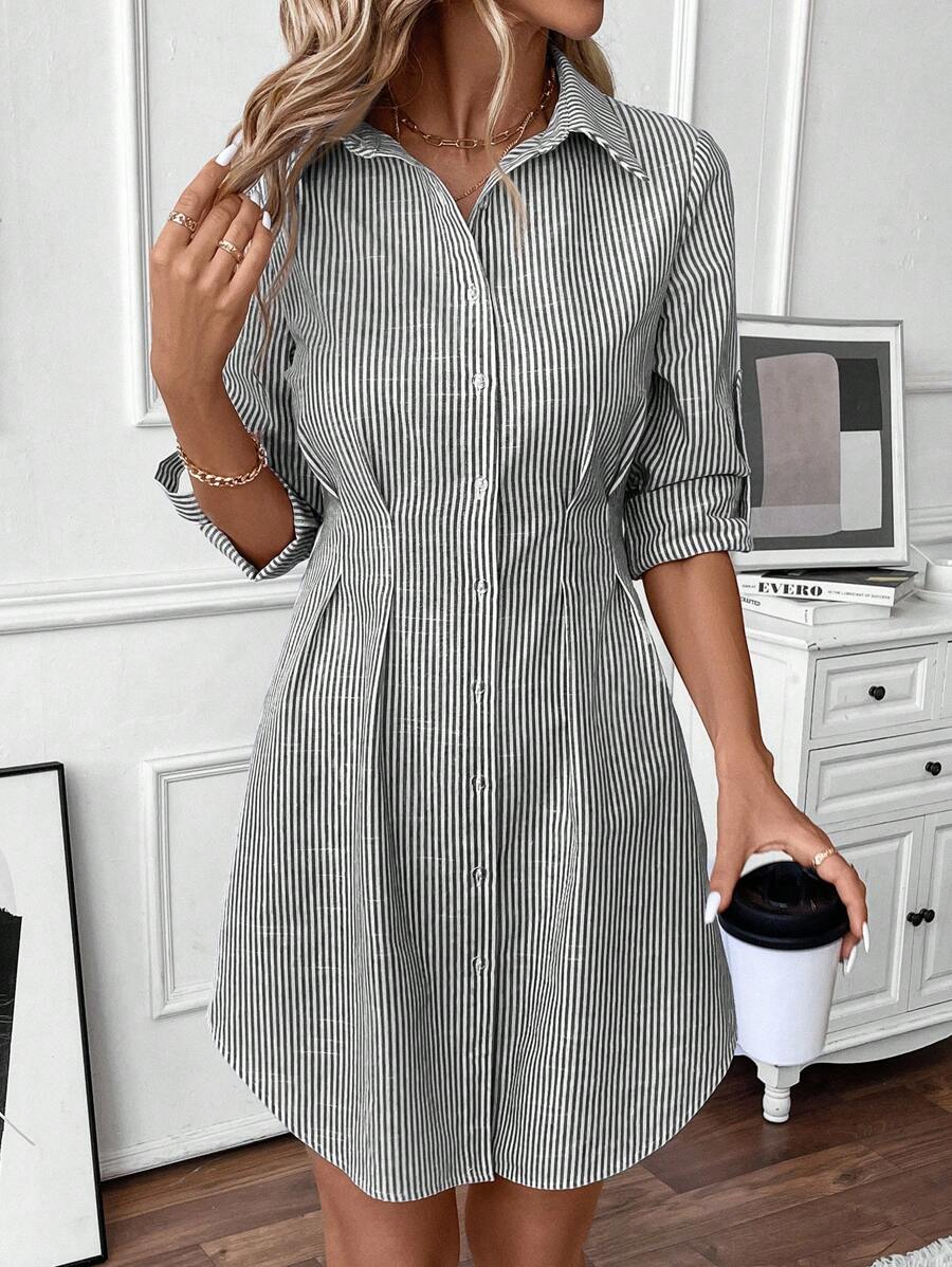 SHEIN LUNE Women's Casual Blue & White Striped Roll-Up Sleeve Button Front Shirt Dress