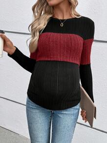SHEIN 孕妇休闲拼色圆领长袖哺乳上衣，春季和秋季 - 紅色 - 查看 3
