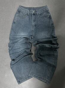 DAZY 女士休闲宽松斜口袋水洗阔腿宽松牛仔裤，秋季 - 藍色 - 查看 8