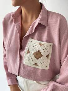 SHEIN PETITE Vacation Casual Crochet Patchwork Long Sleeve Shirt - Multicolor - View 5