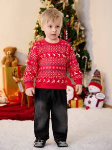 2pcs Set Boys Christmas Holiday Graphic Print Sweatshirt And Washed Vintage Denim Pants,Fashion Autumn Outfit,Family Matching Stylish Clothes Set - Red - View 1