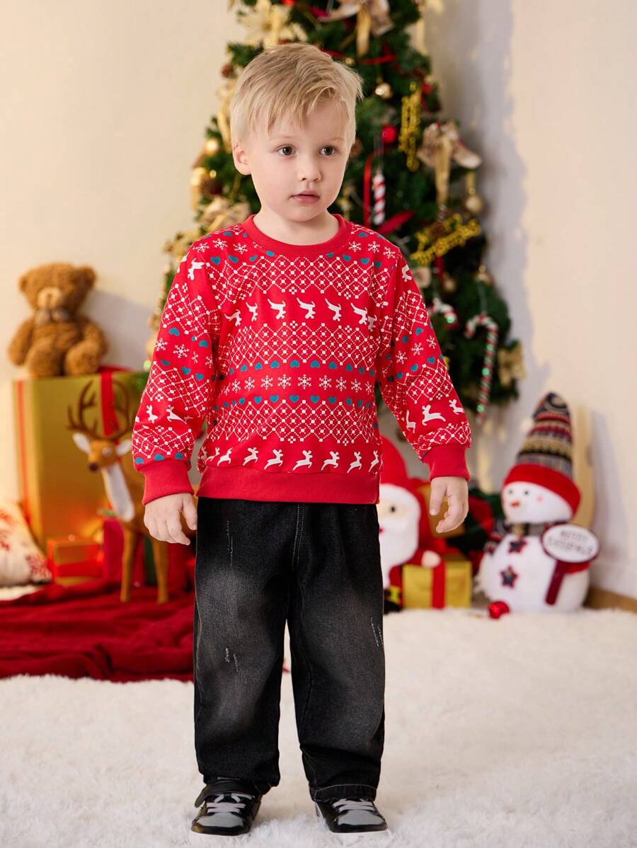 2pcs Set Boys Christmas Holiday Graphic Print Sweatshirt And Washed Vintage Denim Pants,Fashion Autumn Outfit,Family Matching Stylish Clothes Set - Red - View 1