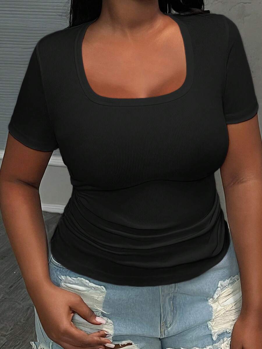 Slaydiva Plus Size Simple Casual Scoop Neck Short Sleeve Gathered Waist White Summer T-Shirt