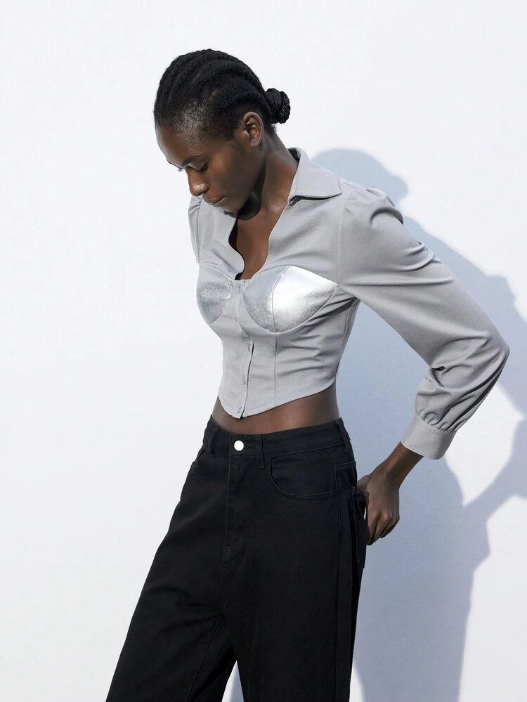 SHEIN Maija Women's Spring/Autumn Long Sleeve Asymmetrical Hem Fashionable Cropped Fitted Shirt