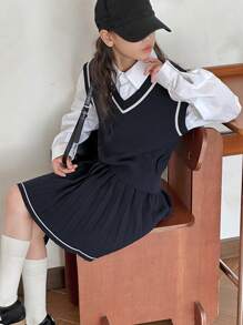 DAZY Tween Girl V-Neck Sweater Set, Fall Outfit,Back To School Clothes - Navy Blue - View 4