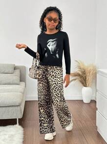 SHEIN Tween Girls' Fitted Casual Long Sleeve T-Shirt With Blurry Skull Pattern And Round Neckline