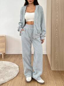 SHEIN EZwear 女士纯色落肩长袖前拉链连帽运动衫和运动裤休闲套装，春/秋 - 灰色 - 查看 5