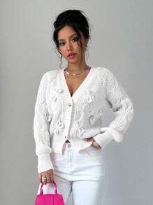 Elenzga Áo len cardigan họa tiết nơ trơn màu đơn giản cho nữ, Thu/Đông - trắng - Xem 3