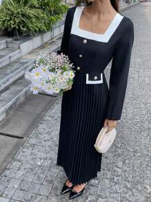 Chiquease Elegant Commute Style Black Patchwork Long Sleeve Midi Dress With Pleated Hem For Daily Wear, Spring Autumn - Black and White - View 5