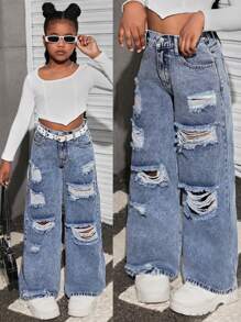 SHEIN Jeans anchos de pierna ancha con efecto desgastado, rasgado y desteñido de moda para niñas preadolescentes, estilo Y2K, para otoño, homecoming, conciertos - Azul lavado medio - Ver 1