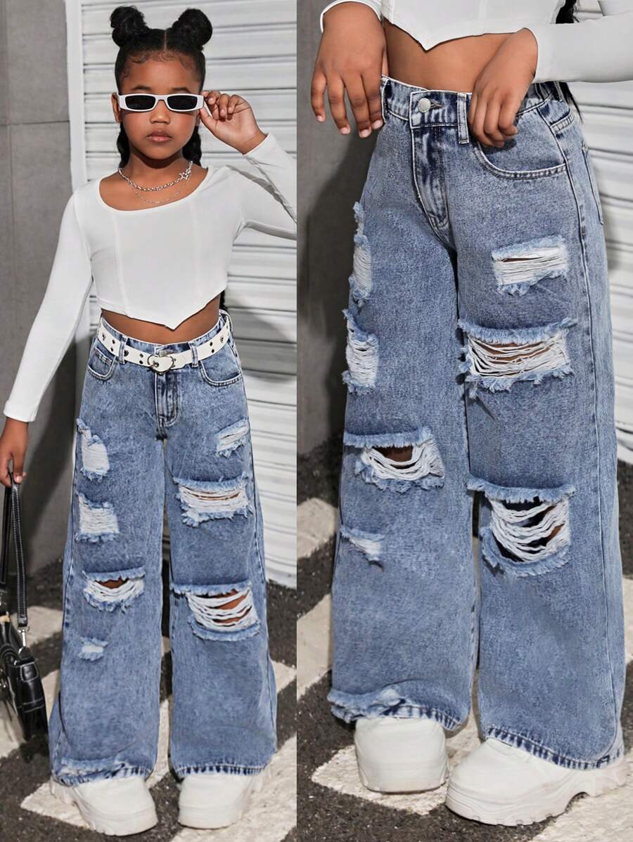 SHEIN Jeans anchos de pierna ancha con efecto desgastado, rasgado y desteñido de moda para niñas preadolescentes, estilo Y2K, para otoño, homecoming, conciertos - Azul lavado medio - Ver 1