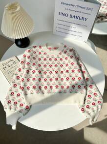 SHEIN Unity 女士休闲圆领花卉针织毛衣，秋冬 - 米色 - 查看 3