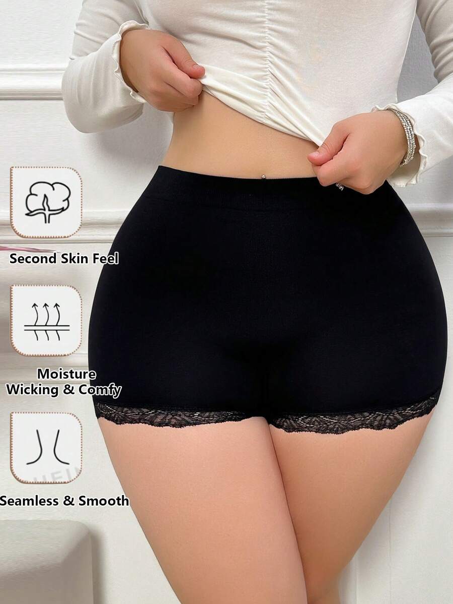 大码无缝蕾丝拼布内衣 - 黑色 - 查看 1