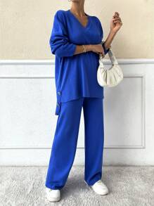 SHEIN Cottnline Drop Shoulder Split Hem Sweater & Knit Pants - Royal Blue - View 5