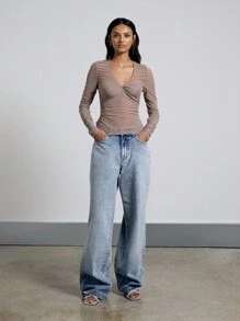 AiiRZ Mesh V-Neck Twisted Front Knot Detail Ruched Long Sleeve Fitted Top - Light Grey - View 4