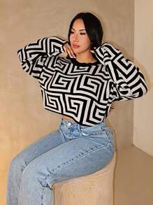 Zolique Camiseta de manga larga casual con cuello redondo y estampado total para mujer