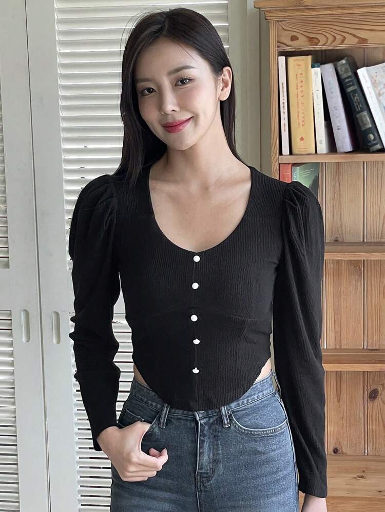 Women's Casual Solid Color Puff Sleeve T-Shirt, Autumn Long Sleeve Women Tops